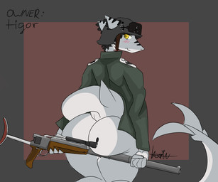 armor big_butt black_hair blush blush_lines butt butt_squish clothing cross custom_gun femboy flustered green_clothing grey_body gun hair headgear helmet inner_ear_fluff iron_cross jacket male markings nervous ranged_weapon shy solo squish topwear tuft weapon yellow_eyes karinfysh aquatic fish requiem_shark shark tiger_shark 6:5 hi_res