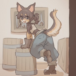 anthro apron barrel black_eyes black_nose blue_bottomwear blue_clothing blue_pants boots bottomwear brown_body brown_clothing brown_footwear brown_fur brown_shoes butt circle_eyebrows clothing eyebrows fangs female fluffy fluffy_tail footwear fur gloves hair handwear looking_at_viewer looking_back looking_back_at_viewer multicolored_body multicolored_fur on_one_leg open_mouth open_smile oversized_bottomwear oversized_clothing oversized_pants pants ponytail pupils rear_view shirt shoes simple_background slim smile smiling_at_viewer solo standing tail tan_body tan_fur tank_top teeth topwear wavy_hair white_body white_fur white_pupils tateoftot canid canine canis chihuahua domestic_dog mammal toy_dog 1:1 hi_res