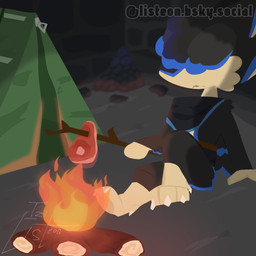 4_ears anthro beef black_body black_feathers blue_body blue_feathers campfire clothed clothing feathered_wings feathers food hair inside male meat multi_ear solo steak stick tail tent topwear winged_arms wings listeon chucklefish starbound izali_(listeon) avali avian 1:1 digital_media_(artwork) hi_res