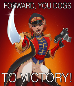 anthro brown_hair claws clothing coat cocked_hip commissar cosplay crossover_cosplay ear_piercing ear_ring eyelashes eyeshadow female glistening_eyelids gloves green_eyes gun hair handwear long_eyelashes looking_at_viewer makeup markings melee_weapon mole_(marking) piercing ranged_weapon ring_piercing smile solo sword topwear weapon spacemaxmarine disney treasure_planet warhammer_(franchise) warhammer_40000 captain_amelia alien domestic_cat felid feline felis mammal absurd_res crossover hi_res