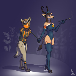 2_horns anthro armwear ball_gag balls big_ball_gag biped black_clothing black_gloves black_handwear black_legwear black_leotard black_markings black_nose black_stockings bound breasts brown_body brown_hair chastity_cage chastity_device cigarette cigarette_holder clothed clothing cloven_hooves collar digitigrade dominant dominant_female duo ear_piercing elbow_gloves eye_markings facial_markings female gag gagged genitals gloves hair handwear hat head_markings headgear headwear holding_leash holding_object hooves horn leash leashed_collar leg_markings legwear leotard long_hair looking_at_another male male/female markings medium_breasts muzzle_(marking) partially_clothed piercing stockings submissive submissive_male tail tail_tuft tan_body thigh_markings tuft unguligrade raevild inque_(summerlong) rocky_(ralanr) antelope bovid gazelle hyena mammal 1:1 2025 hi_res