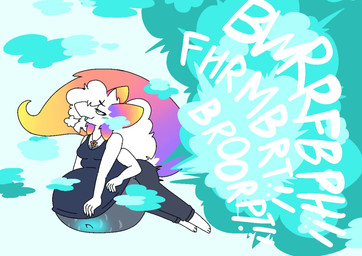 3_arms anthro belly big_belly blue_blush blue_fart_cloud blush bottomwear breath clothing fart fart_cloud fart_fetish female flower_pendant fur grey_bottomwear grey_clothing grey_pants grey_shirt grey_sleeveless_shirt grey_sweatpants grey_topwear grey_yoga_pants lying multi_arm multi_limb multicolored_ears multicolored_tail on_front onomatopoeia pants shirt simple_background sleeveless_shirt sound_effects sweatpants tail text topwear white_background white_body white_fur yoga kibblekritterz dae_(daebelly) lumina_(species) hi_res nonbinary_(lore)