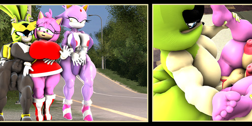 anthro bed big_breasts big_butt bodily_fluids breasts bulge butt clothing detailed_bulge dialogue ear_piercing ear_ring face_fucking female furniture group gynomorph huge_breasts intersex intersex/female irrumatio muscular muscular_female one-piece_swimsuit oral penetration penile penis_in_mouth piercing ring_piercing sex sharp_teeth sling_bikini smug_grin street swimwear teeth trio vaginal vaginal_penetration rocketspuff idw_publishing instant_loss_2koma sega sonic_riders sonic_the_hedgehog_(comics) sonic_the_hedgehog_(idw) sonic_the_hedgehog_(series) amy_rose blaze_the_cat surge_the_tenrec afrosoricid domestic_cat eulipotyphlan felid feline felis hedgehog mammal tenrec hi_res
