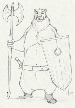 anthro axe battle_axe belt clothing featureless_crotch footwear front_view holding_battle_axe holding_melee_weapon holding_object holding_shield holding_weapon male male_anthro melee_weapon mostly_nude mouth_closed navel overweight overweight_anthro overweight_male shield simple_background socks solo standing sword weapon hufnaar bear mammal full-length_portrait hi_res monochrome portrait sketch