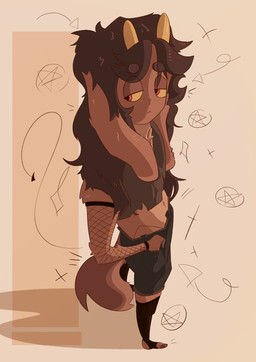 anthro arm_tuft armwear bottomwear chest_tuft clothed clothing countershade_tail countershade_torso countershading crop_top ear_piercing ear_tuft fishnet_armwear fishnet_clothing fully_clothed hair half-closed_eyes high-angle_view highlights_(coloring) horn legwear long_ears long_hair male narrowed_eyes navel perspective piercing red_eyes shadow shirt shorts shoulder_tuft solo tail topwear torn_clothing tuft yellow_horn yellow_sclera tourdeleanie toffee_(bleatbrew) bovid caprine goat mammal 2023 absurd_res digital_drawing_(artwork) digital_media_(artwork) hi_res shaded