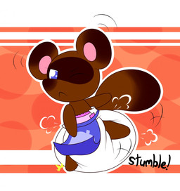 anthro apron big_diaper big_ears clothing diaper fluffy fluffy_tail leaf_symbol male one_eye_closed one_leg_up poof_effect raccoon_mask raised_leg snout solo stumbling tail sir-dancalot animal_crossing nintendo tom_nook_(animal_crossing) canid canine mammal raccoon_dog tanuki hi_res