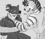 anthro bodily_fluids bound clothed clothing duo fangs gag gagged grin hands_behind_back male muscular muscular_anthro muscular_male narrowed_eyes nipples nude open_mouth pecs simple_background sitting smile striped_arms striped_neck sweat tears teeth imperatorcaesar kingsguard shuck canid canine hyena mammal hi_res monochrome
