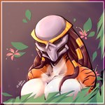 armor big_breasts black_hair breasts convenient_censorship dreadlock_cuffs dreadlocks female flower glistening glistening_body glistening_breasts hair headgear headgear_only helmet helmet_only leaf markings mask mask_only naturally_censored non-mammal_breasts not_furry nude orange_body plant simple_background solo striped_body striped_markings stripes white_body white_breasts monty_smug predator_(franchise) curved_edge_(tbkaltoria) alien alien_humanoid humanoid yautja 1:1 2022 bust_portrait colored digital_media_(artwork) digital_painting_(artwork) hi_res painting_(artwork) portrait shaded signature