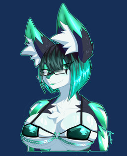 anthro bikini bikini_top black_body black_fur black_hair breasts chain clothing eyewear female fox_ears fur glasses green_body green_eyes green_fur green_hair green_lipstick hair lipstick makeup multicolored_body multicolored_fur multicolored_hair smile smirk solo swimwear two-piece_swimsuit wearing_glasses white_body white_fur sozokuu vivian_(vyrissvixy) arctic_fox canid canine fox mammal true_fox absurd_res alpha_channel hi_res