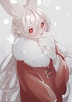 4_fingers anthro blush clothing coat female female_anthro fingers fur hair kemono long_hair looking_at_viewer red_clothing red_coat red_eyes red_topwear simple_background snow snowing solo standing topwear white_background white_body white_fur white_hair 115meg lagomorph leporid mammal rabbit 2022 hi_res