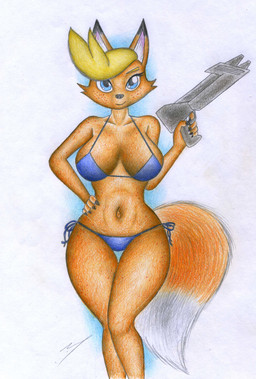 5_fingers anthro bikini bikini_bottom bikini_top black_nose breasts clothed clothed_anthro clothed_female clothing female fingers freckled_face freckles fur gun hair humanoid_hands navel orange_body orange_fur orange_hair ranged_weapon solo swimwear tail two-piece_swimsuit weapon sinaherib s.o.b.e.z. olesya_ryzhova canid canine fox mammal absurd_res hi_res