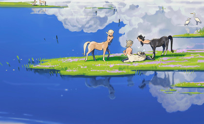 animal_ears black_body breasts brown_body casual_nudity featureless_breasts female grass group hooves nude_taur outside plant reflection sky tail water white_body carol_caocao european_mythology greek_mythology mythology ambient_bird centaur equid equid_taur humanoid_taur mammal mammal_taur taur hi_res
