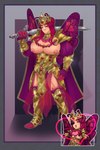 anthro armor back_wings big_breasts breasts cape clothing crown eyes_closed fur gold_(metal) gold_armor hair headgear insect_wings lepidopteran_wings male melee_weapon muscle_tone muscular muscular_anthro muscular_male not_furry one_eye_closed orange_body orange_fur pecs pink_hair red_sclera simple_background solo sword unconvincing_armor weapon wings wink nominee84 soardon_(eddyoshi) arthropod butterfly insect lepidopteran hi_res