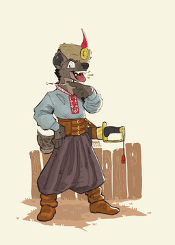 anthro belt belt_buckle boots bottomwear buckle clothed clothed_anthro clothed_male clothing cossack ears_up eyebrows feathers fence footwear fur hat hat_feather headgear headwear looking_aside loose_feather male melee_weapon open_mouth pants shirt shoes solo sword tail teeth teeth_showing tongue tongue_out topwear weapon wearing_hat mawkvlt hi_res