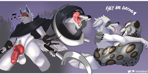 abstract_background animal_genitalia animal_penis anthro balls black_sclera bodily_fluids bottomless bottomless_male canine_genitalia canine_penis clothed clothing duo erection fangs fur genitals glowing glowing_eyes hood knot looking_at_viewer male male/male open_mouth penis pink_tongue red_eyes red_penis romantic romantic_couple saliva saliva_string sickle smile teeth tongue tongue_out vein veiny_penis weapon whiskers whistling yellow_eyes viola_bat dreamworks kung_fu_panda puss_in_boots_(franchise) death_(puss_in_boots) tai_lung_(kung_fu_panda) canid canine canis felid mammal pantherine snow_leopard wolf absurd_res crossover hi_res