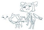 anthro clothed clothing container cup fangs hair knife simple_background smile smug tea_cup teeth topwear white_background white_body minus8 knife_cat smug_cat undertale undertale_(series) muffet temmie_(undertale) arachnid arthropod boss_monster_(undertale) bovid canid canine caprine felid feline mammal spider tem blue_and_white meme monochrome