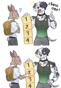 anthro athletic athletic_anthro athletic_male backpack brown_eyes clothed clothing dialogue duo floppy_ears folded_ears fur kemono male male/male markings purple_eyes question_mark shirt spots spotted_body spotted_fur tank_top text topwear motor_dog canid canine canis domestic_dog lagomorph leporid mammal rabbit 2024 comic english_text hi_res