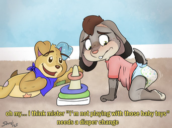 all_fours anthro baby_toy big_ears blue_scarf blush buckteeth clothed clothing crawling dialogue diaper duo embarrassed feces floppy_ears fur grey_body grey_fur inside looking_at_another looking_back lying male motion_lines neonate pantsless plushie pooping red_clothing red_shirt red_topwear scarf shirt smug_face soiled_diaper soiling soiling_diaper straining tail teasing teeth text topwear toy unclean_diaper used_diaper using_diaper young strigiform_(artist) basil_(basilbunny) animate_inanimate lagomorph leporid living_plushie mammal rabbit english_text hi_res