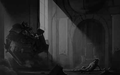 anthro armor banner belt belt_buckle bone buckle chair clothed clothing corruption detailed_background duo female fog fully_clothed furniture glowing glowing_eyes knight lying male melee_weapon on_back shield size_difference skull stab sword throne throne_room warrior weapon wounded ipoke armello league_of_geeks magna_(armello) thane_(armello) canid canine canis mammal wolf 16:10 2020 digital_drawing_(artwork) digital_media_(artwork) greyscale monochrome widescreen