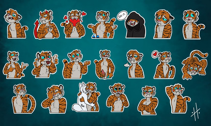 all_fours anthro anthro_on_anthro blue_eyes blush closed_smile clothed clothing crossed_arms duo erection facepalm fangs fur genitals hand_behind_head happy holding_heart holding_penis horn hug male male/male markings mouth_closed nude orange_body orange_fur orange_tail penis pink_nose red_horn red_tail red_tongue sad smile solo spade_tail speech_bubble striped_arms striped_markings striped_tail stripes tail tail_markings teeth tongue tongue_out topless white_body white_fur hufnaar ych_(character) felid mammal pantherine tiger bust_portrait half-length_portrait multiple_images portrait