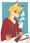 anthro blue_background border chest_tuft clothing coffee_cup container cup fur holding_coffee_cup holding_container holding_cup holding_object hoodie male red_clothing red_eyes red_hoodie red_topwear simple_background smile solo topwear tuft white_border yellow_body yellow_fur ayabemiso canid canine fox mammal 2021 absurd_res hi_res