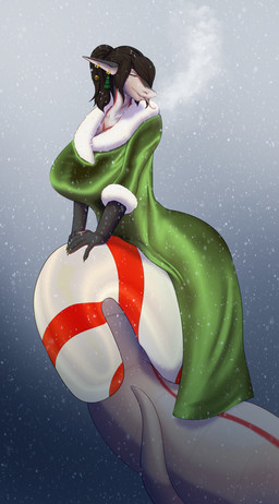 anthro apode breasts breath candy candy_cane clothing dessert dress ear_piercing ear_ring female food forked_tongue fruit fur hair holidays legless non-mammal_breasts olive_(fruit) piercing plant ponytail ring_piercing serpentine simple_background smile solo tail tongue androidz christmas elair draconcopode naga reptile scalie snake absurd_res hi_res herm_(lore)