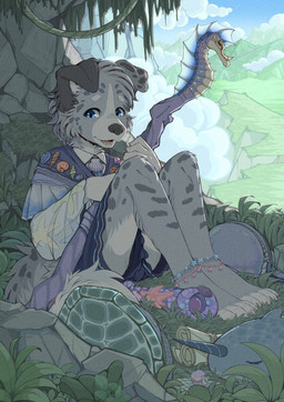 4_toes anklet anthro barefoot bent_legs biped cheek_markings cheek_tuft claws clothed clothed_anthro clothed_male clothing cloud countershade_face countershade_fur countershade_legs countershade_neck countershade_tail countershading day ear_markings eyebrows eyelashes facial_markings facial_tuft feet fingers floppy_ears fluffy fluffy_tail folded_ears forehead_markings fully_clothed fully_clothed_anthro fully_clothed_male fur fur_markings fur_tuft gloves_(marking) grass head_markings head_tuft holding_object holding_staff humanoid_hands iris jewelry leg_markings looking_at_viewer male male_anthro markings mountain multicolored_body multicolored_fur open_mouth outside plant plantigrade pupils seashell shell sitting sitting_on_grass sitting_on_ground sky slim slim_anthro slim_male snout solo staff tail tail_markings teeth three-quarter_view toe_claws toeless_(marking) toes tongue tuft vines young young_anthro young_male makioraku canid canine canis domestic_dog mammal absurd_res full-length_portrait hi_res portrait