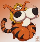 2024 absurd_res anthro arms_above_head big_breasts black_nipples blonde_hair bouncing_breasts breasts crossgender disney eyes_closed felid female fur hair hi_res huge_breasts long_hair long_tail mammal midair mtf_crossgender nipple_dip nipples nude open_mouth orange_body orange_fur pantherine simple_background solo striped_body striped_fur stripes superix tail tiger tigger watermark winnie_the_pooh_(franchise)