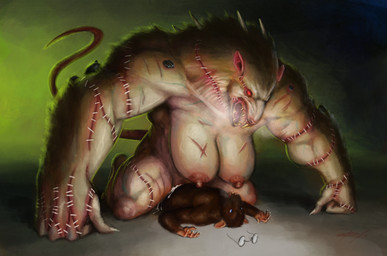 anthro big_breasts bodily_fluids breast_scar breasts breath brown_body brown_fur cowgirl_position cum cum_in_vagina cum_inside eyewear female from_front_position fur genital_fluids glasses glasses_off huge_breasts male male/female muscular muscular_female on_bottom on_top penetration questionable_consent red_eyes scar sex surgical_suture teratophilia vaginal vaginal_penetration rayoutofspace warhammer_(franchise) graham_aldridge_(manwho) humanoid mammal monster monstrous_humanoid murid murine rat rat_ogre rodent skaven absurd_res hi_res