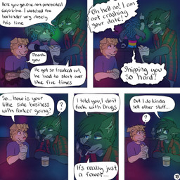 6_panel_comic anthro at_table blue_clothing blue_eyes blue_hair blue_shirt blue_topwear bracelet brown_eyes bruised bruised_eye cigarette clothing collar dialogue elbow_on_table eye_contact eyebrow_piercing facial_piercing facial_scar flannel_shirt fur green_eyes grey_body grey_fur group hair holding_glass holding_object inside jewelry lgbt_pride logo long_ears looking_at_another looking_away male nervous nightclub nose_piercing offering_beverage pansexual_pride_colors piercing pink_clothing pink_shirt pink_topwear pride_colors profanity raised_arm scar shirt smile smiling_at_another smoke smoking smoking_cigarette speech_bubble spiked_bracelet spiked_collar spikes text topwear trio vest walking_away kriek_wildebeest jeremy_(kriek_wildebeest) parker_(kriek_wildebeest) tom_(kriek_wildebeest) bird_dog border_collie canid canine canis cavalier_king_charles_spaniel collie domestic_dog herding_dog hunting_dog husky hybrid mammal nordic_sled_dog pastoral_dog sheepdog spaniel spitz toy_dog wolf 1:1 artist_logo comic english_text hi_res multiple_scenes