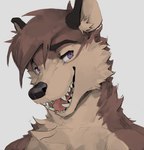 anthro fur male multicolored_body multicolored_fur purple_eyes shirtless shirtless_male smile solo teeth goblinad canid canine canis mammal wolf hi_res portrait