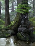 ambiguous_gender anthro biped black_body black_claws black_fur claws crossed_arms day detailed_background fur glistening green_eyes looking_up moss nude one_eye_closed outside plant raining reflection sitting solo tree water water_reflection liminalbean mythology canid canine mammal mythological_canine mythological_creature werecanid werecanine werecreature werewolf 2019 absurd_res digital_media_(artwork) digital_painting_(artwork) hi_res painting_(artwork) shaded