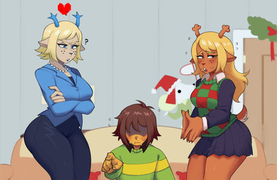 ambiguous_gender anthro antlers black_bottomwear black_clothing black_pants black_skirt blonde_hair blue_antlers blue_clothing blue_jacket blue_nose blue_topwear blush bodily_fluids bottomwear brown_hair clothing crossed_arms female freckled_face freckles gem gesture green_clothing green_sweater green_topwear group hair hand_gesture horn jacket jewelry long_hair looking_at_another necklace nervous pants pearl_(gem) pearl_necklace pointing pointing_at_viewer scut_tail short_hair short_tail skirt sweat sweater tail topwear trio vest nebu27 deltarune undertale_(series) carol_holiday kris_dreemurr noelle_holiday deer human mammal soul_(undertale) hi_res daughter_(lore) mother_(lore) mother_and_child_(lore) mother_and_daughter_(lore) parent_(lore) parent_and_child_(lore) parent_and_daughter_(lore)