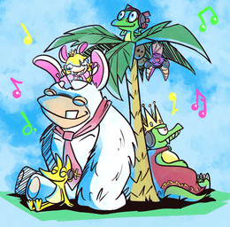 2_toes 3_toes ambiguous_gender ambiguous_humanoid anthro blonde_hair blue_eyes blue_sky buckteeth cape cellphone cheek_tuft claws closed_smile clothed clothed_anthro clothed_female clothing cloud coconut crown drupe_(fruit) earbuds electronics eyes_closed facial_tuft fangs feet female feral food fruit fur green_body green_skin group hair hanging_upside_down happy headgear headphones holding_cellphone holding_object holding_phone king larger_anthro larger_male leaning_on_tree light long_hair looking_at_another male membrane_(anatomy) membranous_wings mostly_nude mouth_closed multicolored_body multicolored_skin musical_note musical_symbol necktie necktie_only noseless on_another outside palm_tree pawpads phone pink_clothing pink_eyes pink_inner_ear pink_shirt pink_topwear plant purple_body purple_fur red_cape red_clothing red_necktie red_nose royalty shirt sitting sitting_on_ground size_difference sky smaller_ambiguous smaller_anthro smaller_female smaller_feral smaller_humanoid smile symbol tan_body tan_eyelids tan_inner_ear tan_pawpads tan_skin tan_wings teeth toe_claws toes topwear tree tuft two_tone_body two_tone_skin upside_down white_body white_claws white_fur wings yellow_body yellow_skin altermentality banjo-kazooie donkey_kong_(series) mario_bros mario_plus_rabbids_kingdom_battle nintendo playtonic_games rareware raving_rabbids rayman_(series) ubisoft yooka-laylee king_k._rool laylee rabbid_kong rabbid_peach yooka bat chameleon humanoid jinjo kremling lagomorph lizard mammal rabbid reptile scalie 2022 colored crossover digital_drawing_(artwork) digital_media_(artwork) english_description hi_res lighting shaded