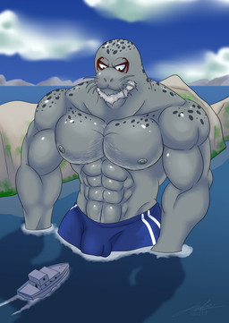 abs anthro beard boat body_hair bulge chest_hair clothing detailed_bulge facial_hair grey_body hair macro macro_male male muscular muscular_male pecs solo swimming_trunks swimwear vehicle watercraft whiskers white_hair jabuhusky my_hero_academia selkie_(my_hero_academia) aquatic mammal pinniped seal spotted_seal hi_res