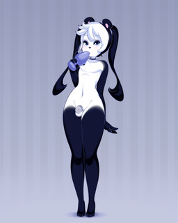 abstract_background anthro balls black_body black_fur black_hair blue_eyes buttplug buttplug_in_mouth chastity_cage chastity_cage_only chastity_device chastity_device_only choker femboy flat_chastity_cage fur genitals gloves_(marking) hair jewelry leg_markings male markings navel necklace nude oral oral_penetration penetration pigtails plug_(sex_toy) seductive sex_toy sex_toy_in_mouth sex_toy_insertion small_waist socks_(marking) solo standing wearing_chastity_cage wearing_chastity_device white_body white_fur white_hair miu quinn_(miu) bear giant_panda mammal 2024 4:5 hi_res