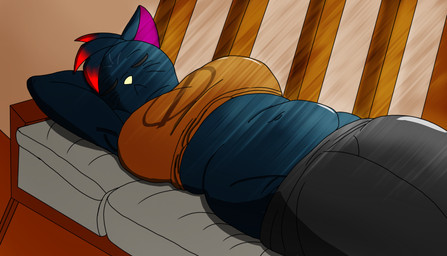 anthro big_breasts breasts clothed clothing eyes_closed female fur furniture hair lying simple_background sleeping sofa solo alessandrasnek night_in_the_woods mae_borowski domestic_cat felid feline felis mammal absurd_res digital_media_(artwork) hi_res