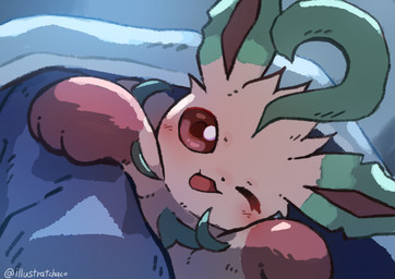 ambiguous_gender bedding blanket blush blush_lines brown_eyes feral fur looking_at_viewer one_eye_closed open_mouth paws solo tan_body tan_fur tongue chaco_(illustrattyako) nintendo pokemon eeveelution generation_4_pokemon leafeon pokemon_(species) 2025 absurd_res hi_res