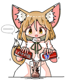beverage beverage_can can clothing cola container cup drinking_glass ellipsis female glass glass_container glass_cup holding_beverage holding_can holding_container holding_object inner_ear_fluff open_mouth pouring romper_suit simple_background soda solo speech_bubble tuft white_background white_clothing yellow_eyes kasuya_baian coca-cola pepsi touhou tsukasa_kudamaki animal_humanoid canid canid_humanoid canine canine_humanoid fox_humanoid humanoid mammal mammal_humanoid