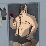 abs anthro anus armpit_hair athletic_wear biceps biped body_hair boxers_(clothing) brown_body brown_fur bulge chest_hair chest_tuft clothing fur grin gym hairy locker_room male mature_anthro mature_male mirror mirror_reflection mirror_selfie muscular muscular_anthro muscular_male nipple_piercing nipples piercing pink_nipples presenting reflection selfie shirtless shirtless_anthro shirtless_male smile solo tan_body tan_fur teeth tuft underwear kodiff_wolff travis_whiler canid canine canis mammal wolf 1:1 alternate_version_at_source digital_drawing_(artwork) digital_media_(artwork) hi_res