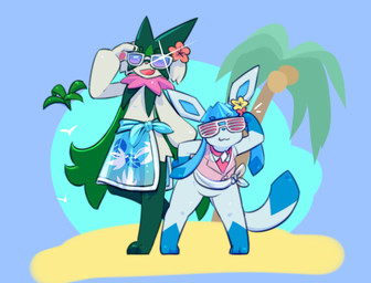 accessory anthro beach blue_body blue_sarong bottomwear clothing duo eyebrows eyewear female flower flower_in_hair green_body hair hair_accessory holowear_(pokemon) pink_clothing pink_topwear plant red_flower sarong shutter_shades sunglasses topwear translucent translucent_bottomwear translucent_clothing translucent_topwear white_eyewear white_sarong white_sunglasses yellow_flower ninebuttom nintendo pokemon pokemon_unite beach_style_glaceon beach_style_meowscarada eeveelution generation_4_pokemon generation_9_pokemon glaceon mammal meowscarada pokemon_(species)