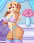 2019 anthro big_butt blonde_hair blue_eyes bra breasts butt canid canine clothed clothing dated digital_media_(artwork) female flower garter_straps hair kitsunewaffles-chan lingerie long_hair looking_at_viewer mammal navel plant shaded side_view smile solo standing thick_thighs underwear