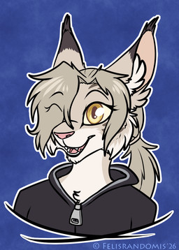 anthro clothing fangs female fur grey_body grey_fur grey_hair hair jacket markings multicolored_body multicolored_fur one_eye_obstructed open_mouth solo spots spotted_body spotted_fur teeth text topwear two_tone_body two_tone_fur yellow_eyes felisrandomis the_invisible_man_and_his_soon-to-be_wife luna_jarashi bobcat felid feline lynx mammal 2026 artist_name digital_media_(artwork) headshot_portrait portrait