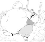 anthro belly container exercise gym male morbidly_obese morbidly_obese_male obese obese_male overweight overweight_male pizza_box solo weightlifting weights workout saintdraconis kooper_(koopershiba) canid canine mammal monochrome