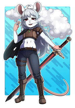 anthro biped black_bottomwear black_cape black_clothing black_pants boots bottomwear brown_boots brown_clothing brown_footwear buckteeth cape cigarette clothed clothing crop_top female footwear front_view fur gloves_(marking) grey_hair hair holding_cigarette holding_melee_weapon holding_object holding_sword holding_weapon jewelry long_hair looking_at_viewer markings melee_weapon midriff navel necklace open_mouth pants pink_markings shirt shoes simple_background smoke smoking smoking_cigarette solo sword teeth tongue topwear underage_smoking weapon white_body white_fur young young_anthro young_female gi0 mammal mouse murid murine rodent 2026 absurd_res hi_res