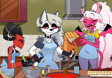 anthro apron arm_markings asymmetrical_horns back_wings black_horn blue_apron blue_bottomwear blue_clothing blue_pants bottomwear bowl bread breadsticks breasts clothed clothed_anthro clothed_female clothed_humanoid clothing collar container cooking cooking_pot curled_horn cutlery dipstick_horn eyes_closed facial_markings female fingerless_gloves food forehead_markings fur gloves grey_hair group hair hand_on_hip handwear head_markings holding_bowl holding_container holding_object holding_spoon horn horn_markings inside kitchen kitchen_utensils long_hair markings multicolored_horn notched_ear open_mouth open_smile pants pasta pink_body pink_hair pink_skin ponytail preparing_food red_body red_sclera red_skin segmented_horn shirt small_waist smile spiked_collar spikes spoon star_(marking) stirring t-shirt tail text tomato_sauce tools topwear trio white_body white_eyes white_fur white_markings wide_hips wings wooden_spoon yellow_clothing yellow_shirt yellow_t-shirt yellow_topwear starpaintart hellaverse helluva_boss mythology barbie_wire loona_(helluva_boss) verosika_mayday canid canid_demon canine demon hellhound humanoid imp mammal mythological_canine mythological_creature succubus 2025 absurd_res artist_name dated hi_res