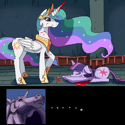 blood bodily_fluids death duo female feral horn purple_eyes wings merumeto friendship_is_magic hasbro my_little_pony mythology princess_celestia_(mlp) twilight_sparkle_(mlp) equid equine mammal mythological_creature mythological_equine unicorn winged_unicorn 1:1 2015 low_res