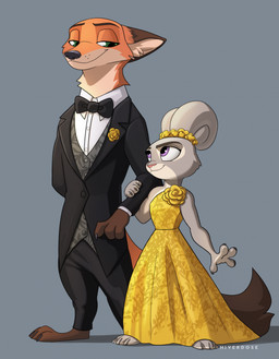 4_fingers 4_toes anthro barefoot black_nose black_tie_(suit) boutonniere breasts button_(fastener) claws clothed clothed_anthro clothed_female clothing dress duo ears_as_hair eye_contact feet female fingers fluffy fluffy_tail front_view fur green_eyes grey_body grey_fur hair_bun_ears hindpaw humanoid_hands inner_ear_fluff interspecies larger_male looking_at_another looking_down looking_up_at_partner male male/female multicolored_body multicolored_fur paws pink_nose purple_eyes red_body red_fur size_difference smaller_female smile suit tail tan_body tan_fur toes topwear tuft two_tone_body two_tone_fur vest white_body white_fur hiverdose disney zootopia judy_hopps nick_wilde canid canine european_rabbit fox lagomorph leporid mammal oryctolagus rabbit red_fox true_fox digital_media_(artwork) full-length_portrait hi_res portrait