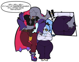 anthro arm_on_head big_butt breasts butt butt_grab cleavage clothed clothing crop_top duo eyewear female fire flaming_hair flare_pants glasses hand_on_butt male male/female pseudo_hair resting_arm shirt size_difference speech_bubble text thick_thighs topwear wearing_glasses wide_hips digitalpelican nintendo pokemon lumiere_chandelle_(shocksauce) remy_(shocksauce) banette chandelure generation_3_pokemon generation_5_pokemon pokemon_(species) 2025 absurd_res english_text hi_res