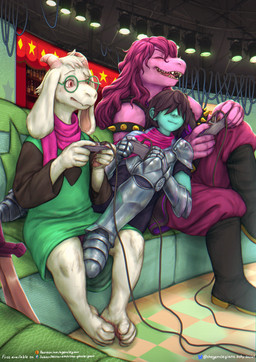 ambiguous_gender ambiguous_human anthro armband armor barefoot biped blue_body blue_skin bodily_fluids boots breastplate checkered checkered_floor claws closed_smile clothed clothed_ambiguous clothed_anthro clothed_female clothed_human clothed_male clothing controller detailed_background eyes_closed eyewear fangs feet female female_anthro finger_claws floppy_ears footwear fully_clothed fur furniture game_controller gaming glasses greaves group hair hair_over_eyes hidden_eyes holding_controller holding_game_controller holding_object horn humanoid_hands inside long_hair lop_ears male male_anthro melee_weapon mouth_closed on_sofa open_mouth open_smile pauldron pink_body pink_eyes pink_hair plantigrade playing_video_game round_glasses sabatons scarf sharp_teeth shoes sitting sitting_on_sofa smile sofa spiked_armband spikes sweat sword teeth text toes trio weapon wearing_glasses white_body white_fur the_gentle_giant deltarune undertale_(series) kris_dreemurr ralsei susie_(deltarune) bovid caprine darkner goat human mammal reptile scalie 2025 absurd_res digital_media_(artwork) english_text hi_res